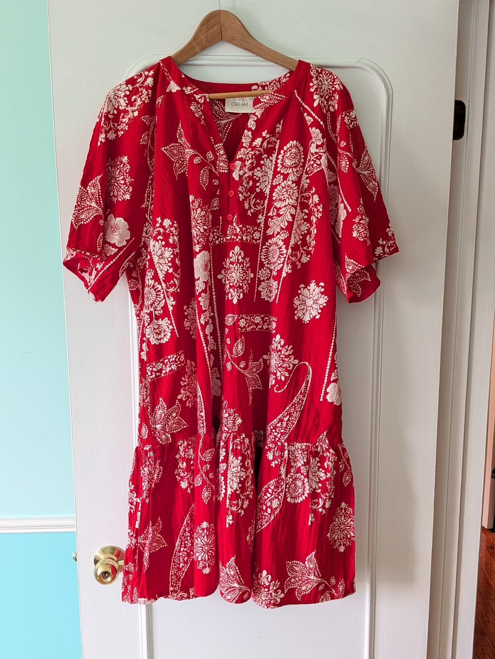 Boho Patchwork Red Mini Dress with Ruffle Hem - Picture 6 of 10